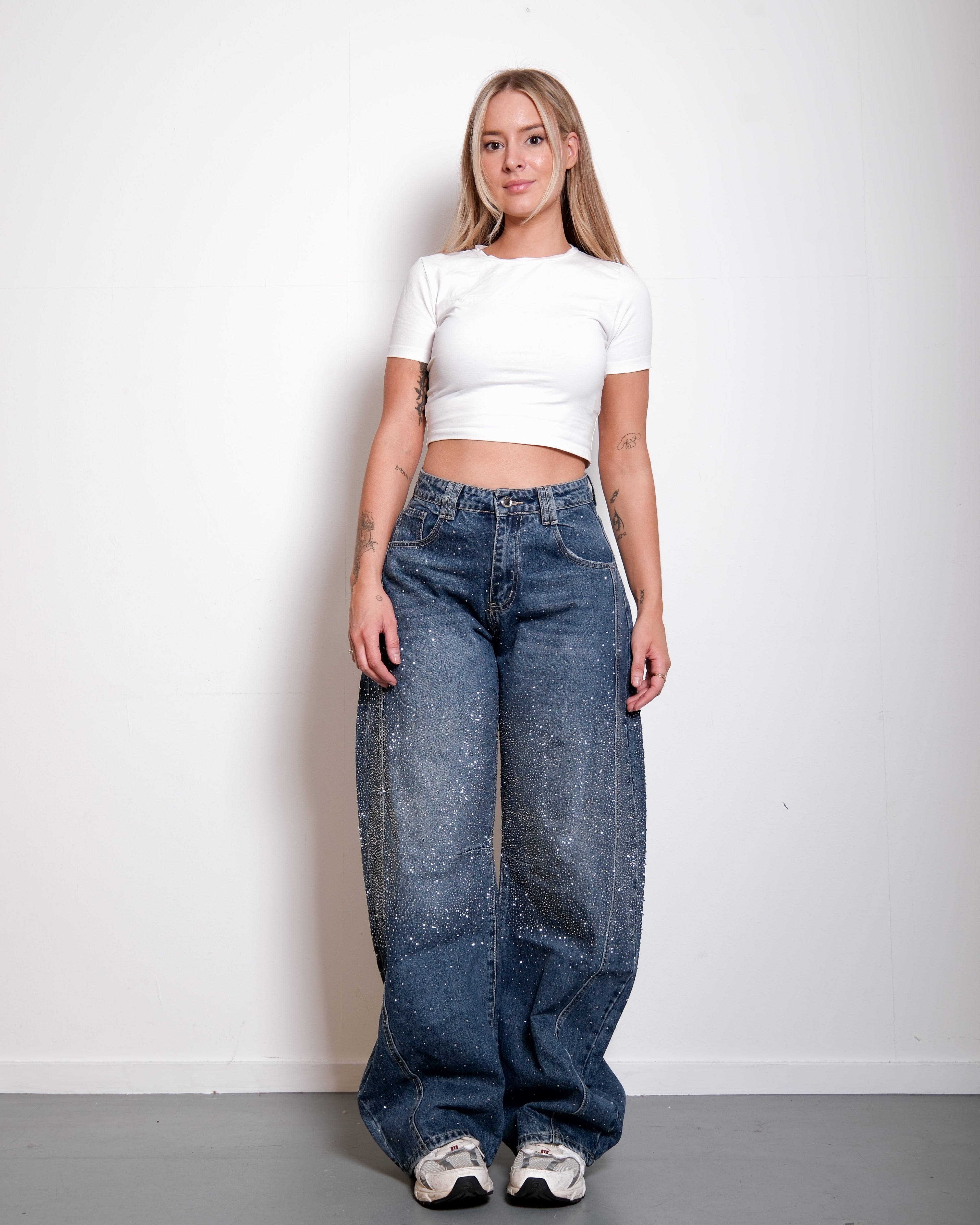 Medium Wash Front seam sparkle barrel jeans - inseam 82cm - NON STRETCH