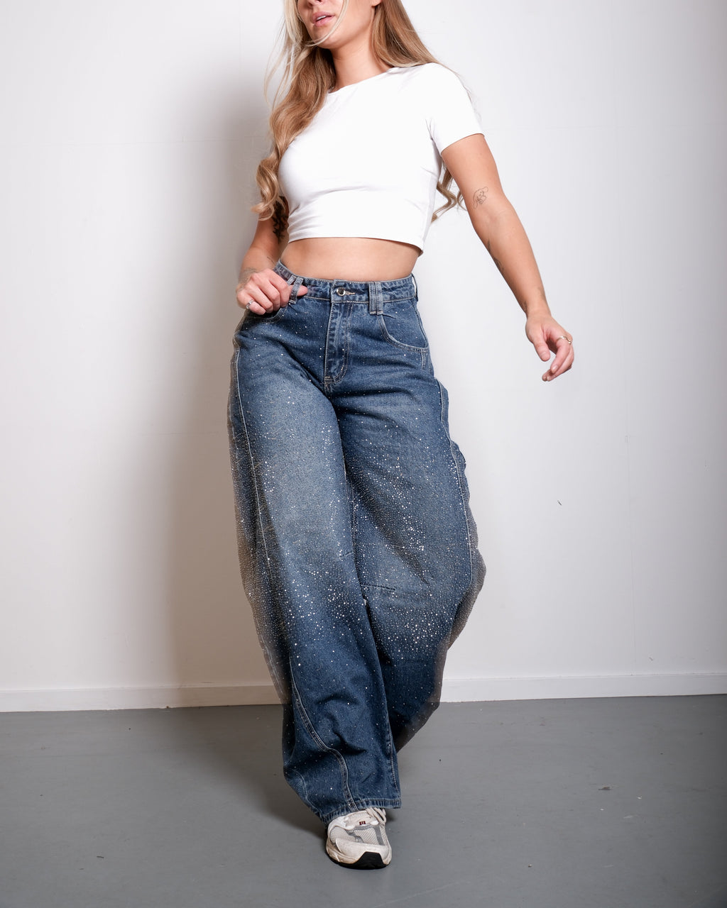 Medium Wash Front seam sparkle barrel jeans - inseam 82cm - NON STRETCH